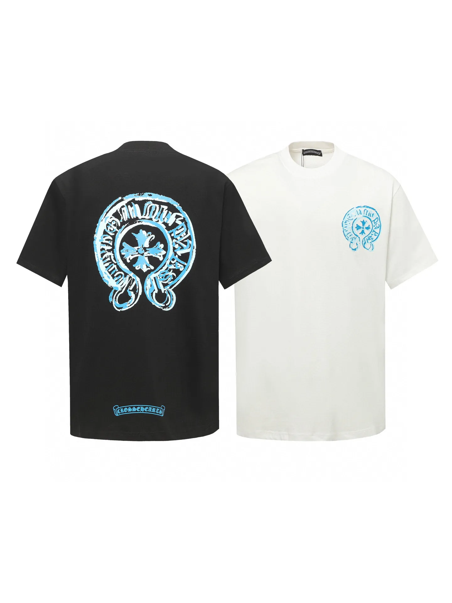 🅿️170 Chrome hearte/Chrome heart ch 25ss early spring Sanskrit horseshoe print short-sleeved T-shirt. A must-have item for daily commuting for men and women in light luxury. The correct version is welcome to compare. Detailed features: ·280g 100% cotton double yarn jersey fabric. ·Custom-dyed in the same cylinder, special thickened 32 pieces double-strand 1x1 thread. ·Double-needle cross-stitch technology. ·Original main mark washed tag. Color: black white. Size: XS-L